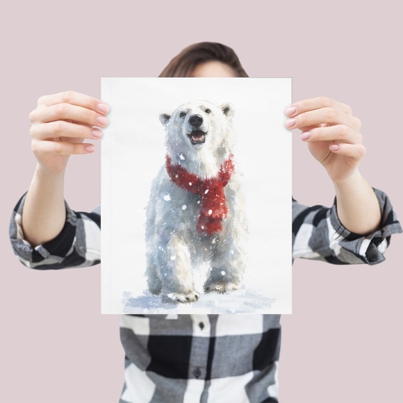 Watercolor Polar Bear with Red Scarf Portrait Wall Art Print Poster, Unframed - Picture 4 of 6
